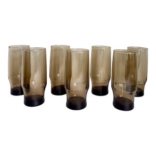 Set of 7 Mid-Century Modern Smoky Brown Sculptural Highball Glasses For Sale