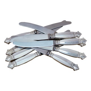 Antique Danish Georg Jensen Acanthus Dronning Sterling Silver Knives 6.5" - 9pcs For Sale