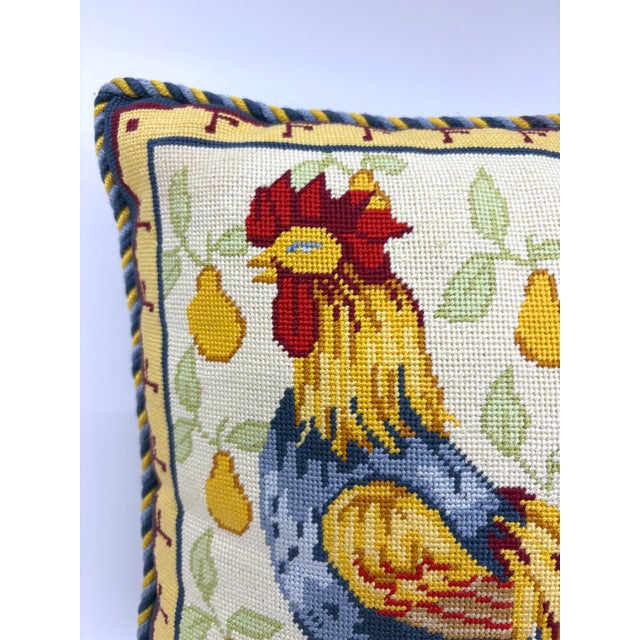 Vintage Yellow and Blue Rooster Country Needlepoint Pillow For Sale - Image 4 of 6