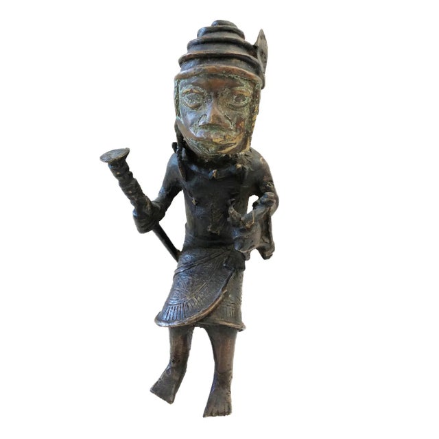 Vintage Benin Bronze Oba King Soldier Nigeria African 9" H For Sale - Image 4 of 8
