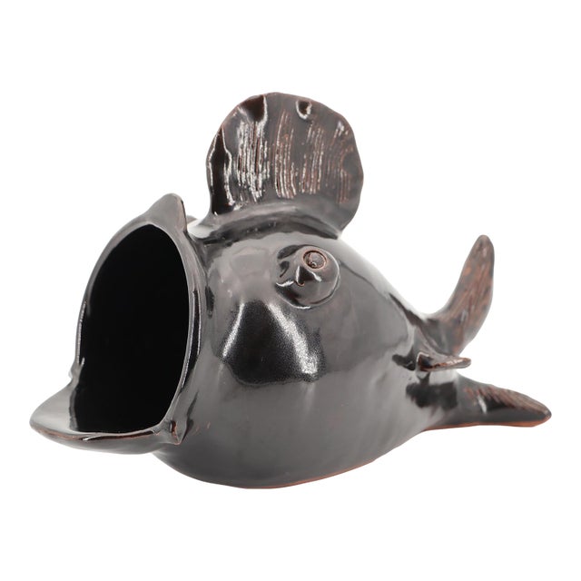 1940s Large Black Fish Sculpture, Earthenware, Portuguese For Sale