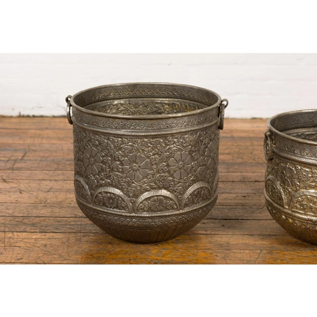 Vintage Indian Nested Silver over Brass Vessels with Repoussé Floral Décor - Set of 3 For Sale - Image 4 of 13