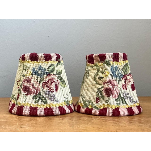 Metal Vintage Needlepoint Floral Lamp Shades Pair For Sale - Image 7 of 14
