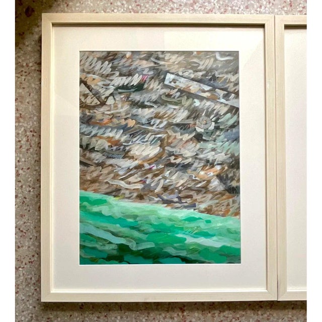 Wood Vintage Abstract Expressionist Green Landscape Paintings, Pair For Sale - Image 7 of 13