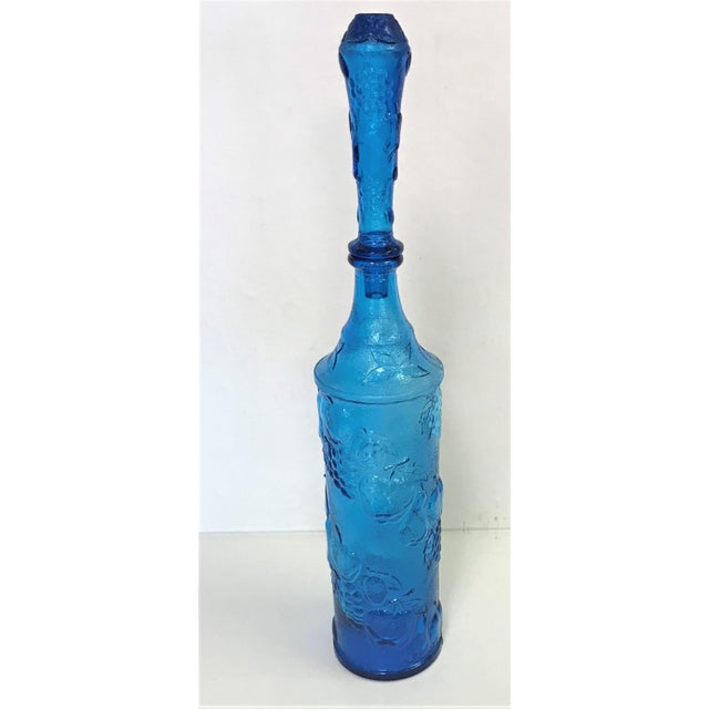 Vintage Blue Glass Wine Bottle With Stopper and Raised Fruit Design Chairish