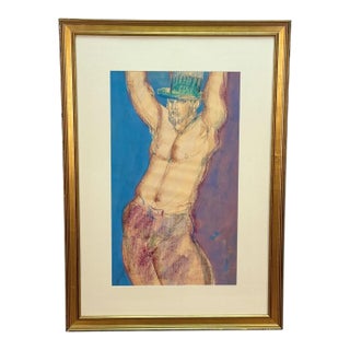 Vintage Abstract Male Expressionist Nude Pastel Signed Original Art - 2x3 For Sale