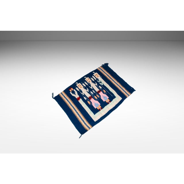 1970s Vintage Native American Navajo Yei Hand-Woven Tapestry Throw Rug Wall Folk Art in Wool, Usa, C. 1970s For Sale - Image 5 of 18