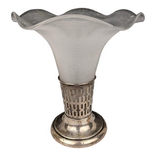 Vintage Sterling Silver Vase With Frosted Ribbed Art Glass Trumpet Insert, Art Deco Style For Sale