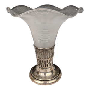 Vintage Sterling Silver Vase With Frosted Ribbed Art Glass Trumpet Insert, Art Deco Style