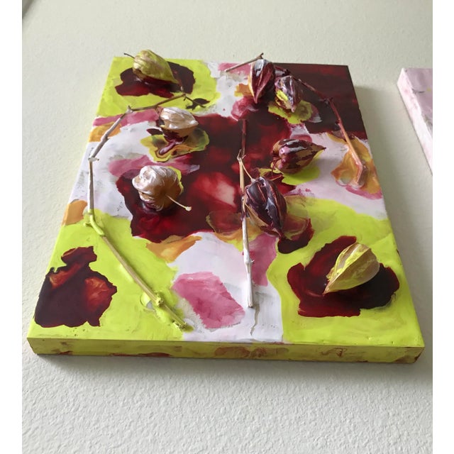 2020s "Chinese Lanterns" Contemporary Abstract Botanical Mixed-Media Painting For Sale - Image 5 of 9