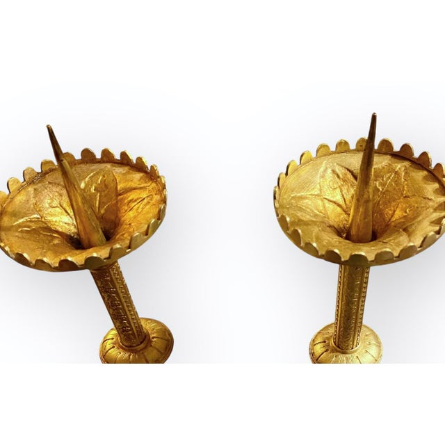Pr. Antique French Art Nouveau Gilt Brass Alter Candlesticks For Sale - Image 15 of 17