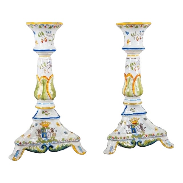 Hand-Painted Ceramic Candlesticks with Heraldic Floral Decoration, 1910s, Set of 2 For Sale