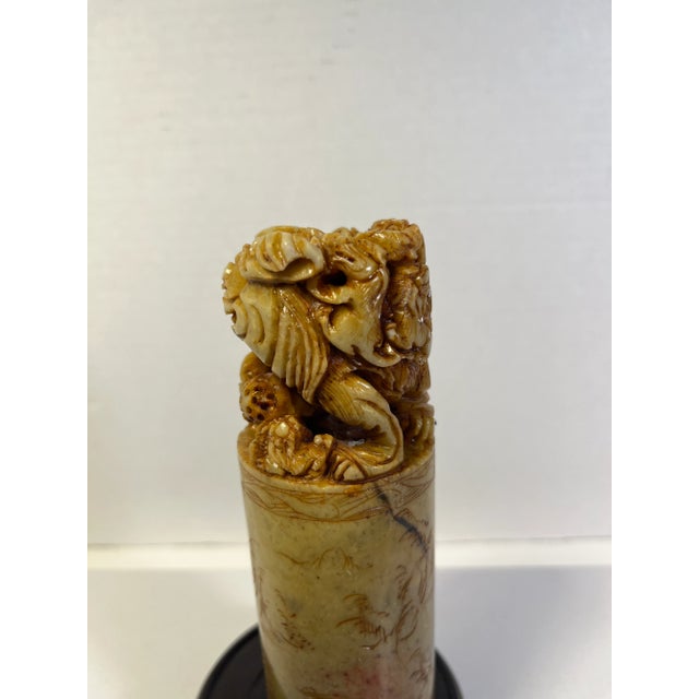 1900 - 1909 Early 1900s Antique Soapstone Chinese Carved Foo Dod With Puppies Big Seal Stamp For Sale - Image 5 of 10