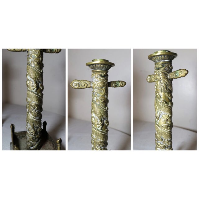 Brass Pair of Antique Ornate Chinese Handmade Brass Dragon Candlesticks Candle Holders For Sale - Image 8 of 14
