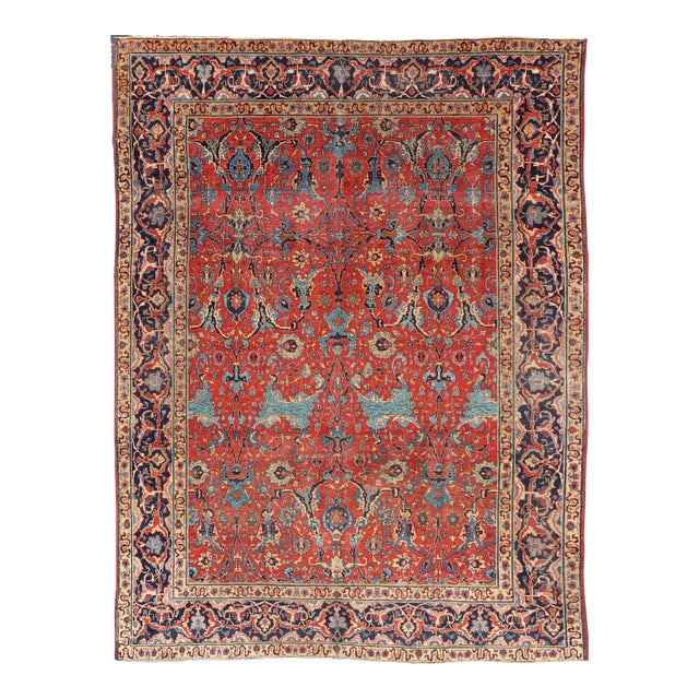 Antique Tabriz Rug With All Over Design in Rust Red, Blue's, Yellow, and Lt. Blue 9'7"x13'3" For Sale