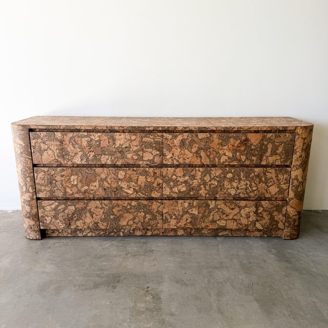 Mid-Century Modern Vintage Mid Century Modern Rounded Edge Cork Dresser Burlwood 70s 80s For Sale - Image 3 of 11