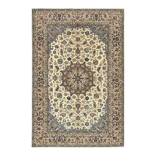 1950s Fine Traditional Beige Field Floral Vintage Isfahan Wool Silk Carpet Rug For Sale