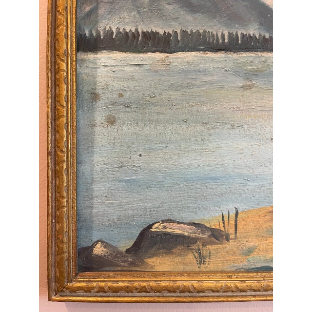 Sky Blue Vintage Mountain Landscape Oil Painting on Board For Sale - Image 8 of 12