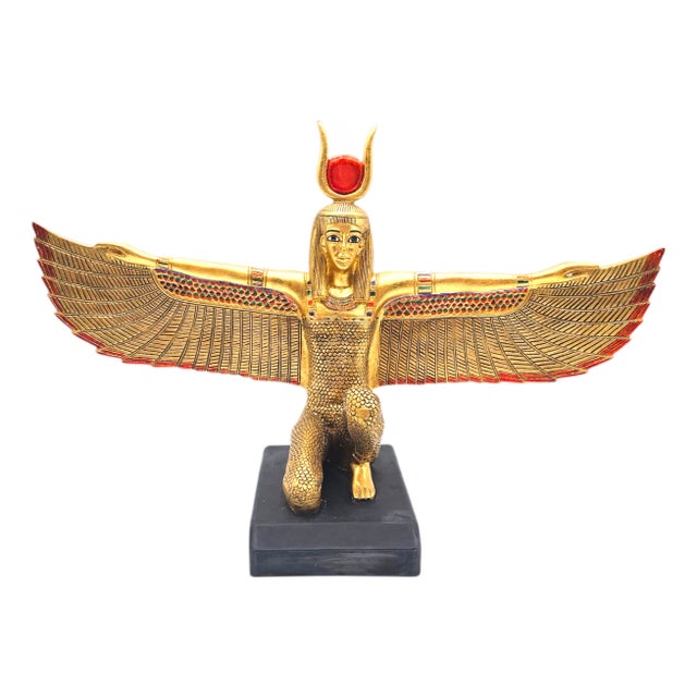 Monumental Egyptian Revival Statue of Goddess Isis With Open Wings and Gold Red Detailing – 21.5" Wide For Sale