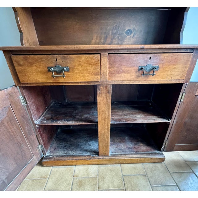 Wood Early 20th Century Rustic Farmhouse Pine Hutch Cabinet With Scalloped Shelf Top For Sale - Image 7 of 12