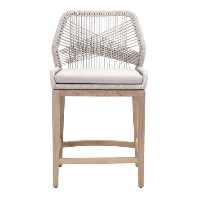 Loom Outdoor Counter Stool, Pumice & Grey Teak with Taupe & White Rope For Sale