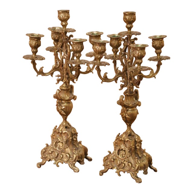 Pair of 19th Century French Louis XV Rococo Bronze Dore Five-Light Candelabras For Sale