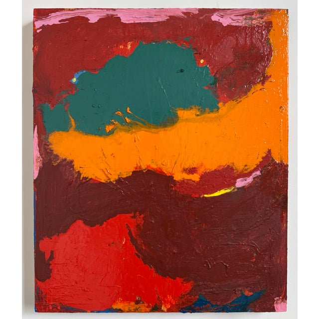 This abstract painting was made with oil on canvas. The surface shows accumulated layers, with paint built up over time...