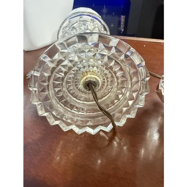 Vintage 1950s Hollywood Regency Boudoir Lamp Pair With Frosted Embossed Glass Shades & Prism Accents For Sale - Image 10 of 12