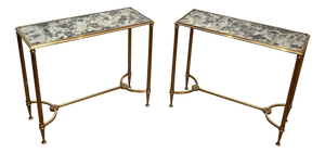 1940s Pair of brass side tables with oxidized mirror tops by Maison Baguès