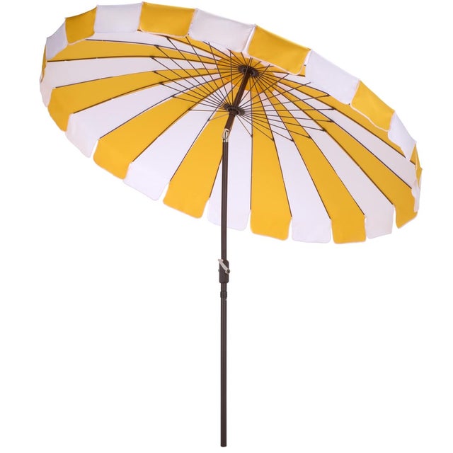 Metal Buti 9 Ft Crank Umbrella, Yellow Cabana Stripe/Brown Pole For Sale - Image 7 of 9