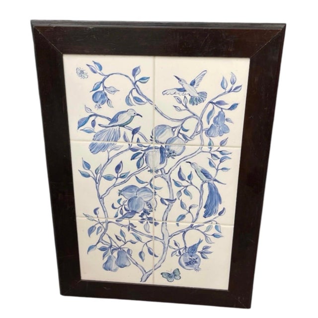 Blue Vintage Blue & White Ceramic Tile Wall Panel - Chinoiserie Botanical & Bird Motif For Sale - Image 8 of 12