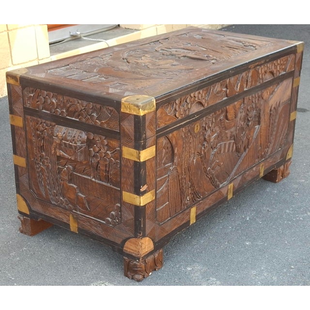 Mid 20th Century 20th Century Chinese Carved Camphorwood Coffer With Brass Accents For Sale - Image 5 of 11