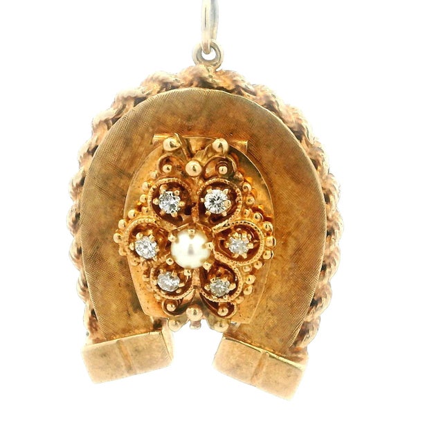 Gold Antique 1880s 14k Rose Gold Horseshoe Locket Pendant With Diamonds & Pearl For Sale - Image 8 of 15
