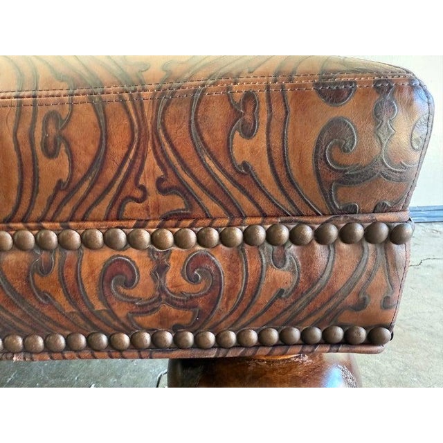 Spanish Colonial Style Embossed Leather Ottoman With Bun Feet For Sale - Image 11 of 12