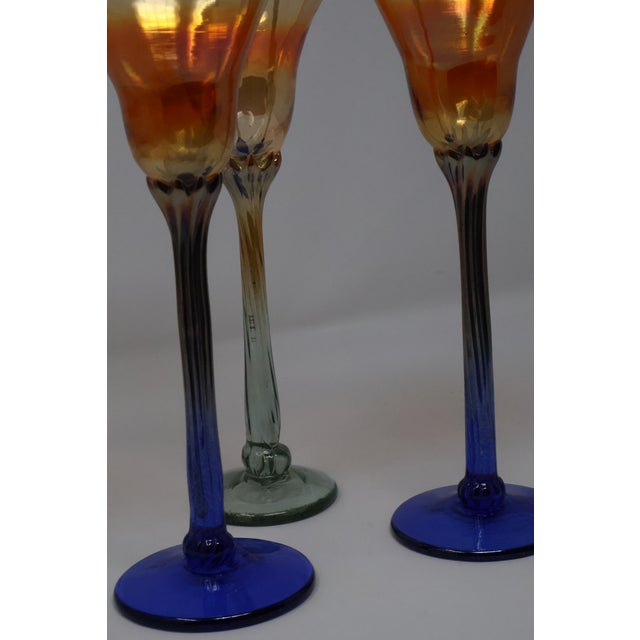 Late 20th Century Rick Strini Signed Iridescent Amber & Cobalt Tulip Art Glass Goblets, Set of 3 For Sale - Image 11 of 18