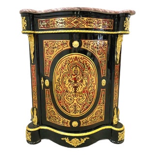 Grand Gothic Revival Display Cabinet With Marble Top, Hand-Gilded Gold Leaf & Ornate Black Finish For Sale