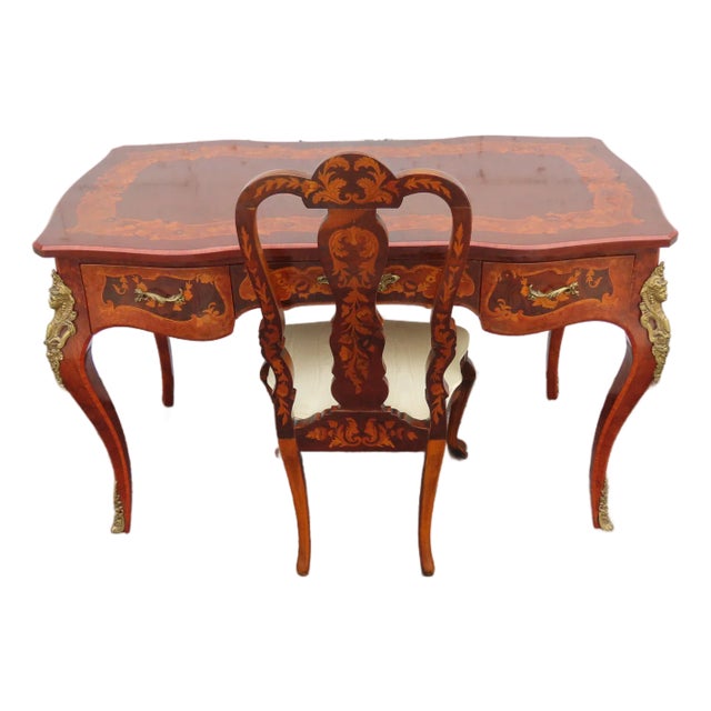 French Italian Inlay and Bronze Accent Desk and Chair 6340 For Sale