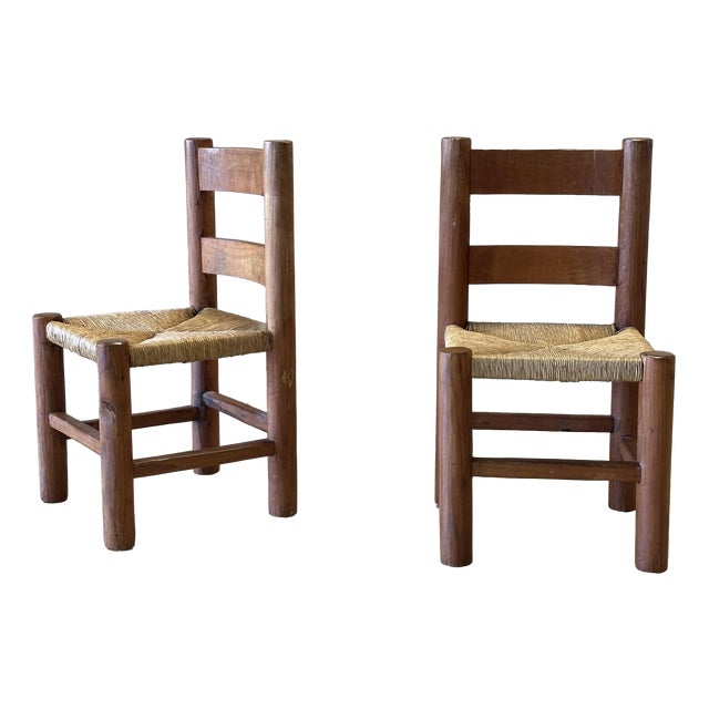 Mid-Century Modernist Wood and Rush Dining Chairs in the style of Charles Dudouyt, 1960s, Set of 2 For Sale