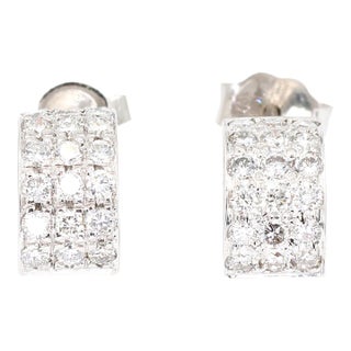 18k (750) White Gold Natural Diamond Wide Hoop Earrings, Pair For Sale
