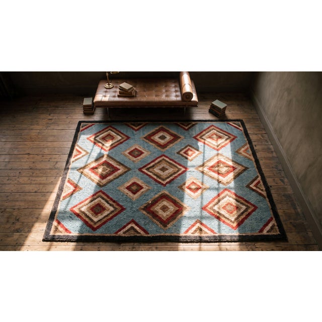 Textile 1920s Multicolor Diamond Square Antique American Hooked Rug 3'0" X 5'2" Handknotted Wool Carpet For Sale - Image 7 of 7