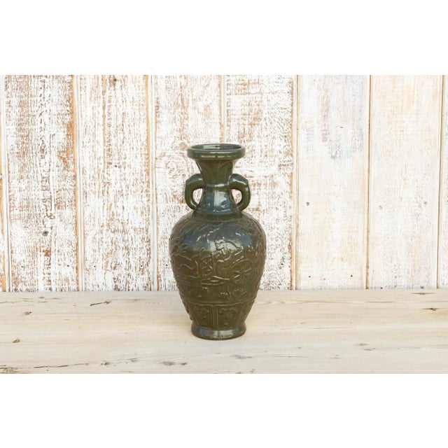 Dark Green Elephant Handle Green Glazed Vase For Sale - Image 8 of 8