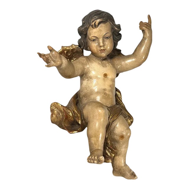 18th Century Baroque Polychrome Giltwood Putto Cherub Sculpture For Sale
