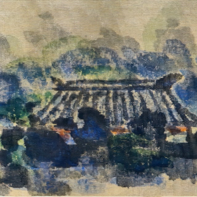 Mid-Century East Asian Landscape on Moiré Silk With Pagoda 24.5" For Sale - Image 4 of 11