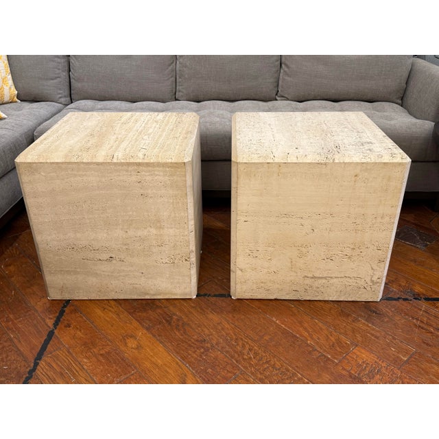 Design Plus Gallery presents a Pair of Vintage Italian Travertine Cube Tables. The tables are defined by squared forms,...