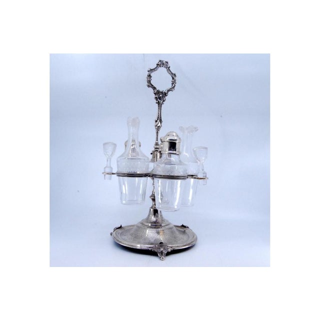 Silver Cruet Set with Acid-Etched Glass Cruets and Mustard, Salt and Pepper Shakers, Set of 6, in Very Good conditions....