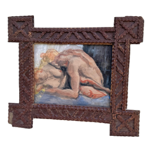 Antique Wood Tramp Art Frame With Modern Erica Everage Art Drawing-Abstracted Figurative Work on Paper