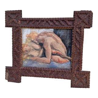 Newly Created Artwork by Erica Everage With Antique Wood Tramp Art Frame With Modern Erica Everage Art Drawing-Abstracted Figurative Conte on Paper For Sale