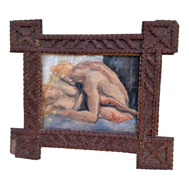 Newly Created Artwork by Erica Everage With Antique Wood Tramp Art Frame With Modern Erica Everage Art Drawing-Abstracted Figurative Conte on Paper For Sale