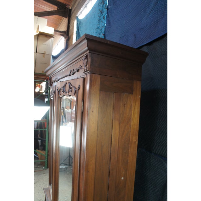 Antique Victorian Walnut Mirrored Clothing Armoire Wardrobe Closet Cabinet 87" For Sale - Image 14 of 17