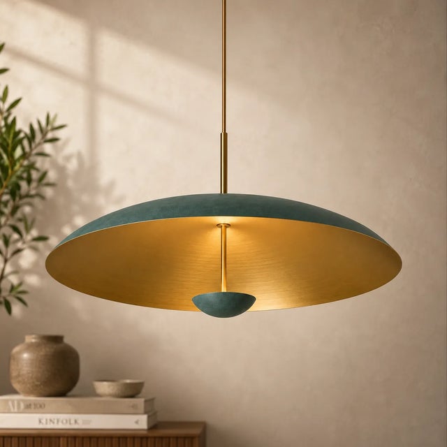 Not Yet Made - Made To Order Brass Dome Pendant Light, Raw Brass Finish Scandinavian Kitchen Island Lighting, Mid Century Ceiling Light, Green Hanging Lamp For Sale - Image 5 of 8